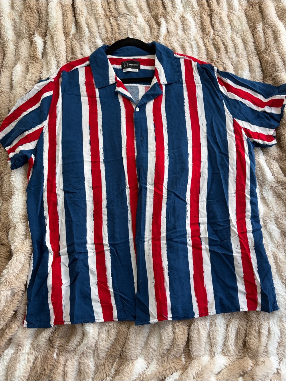 Original Use Blue, Red & White Vertical Stripe Short-Sleeve Button-Up Shirt